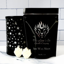 Load image into Gallery viewer, The Lion's Den Candle Company 100% Soy and Refills Hand Made White and Gold Black and Silver Wax Melts Egyptian Amber