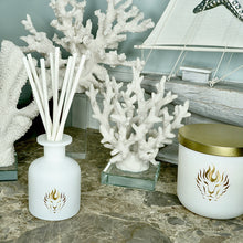 Load image into Gallery viewer, White & Gold Reed Diffuser The Lion’s Den Candle Company The Lion's Den Candle Company 5 oz Reed Diffuser and Refills White and Gold Black and Silver Namaste