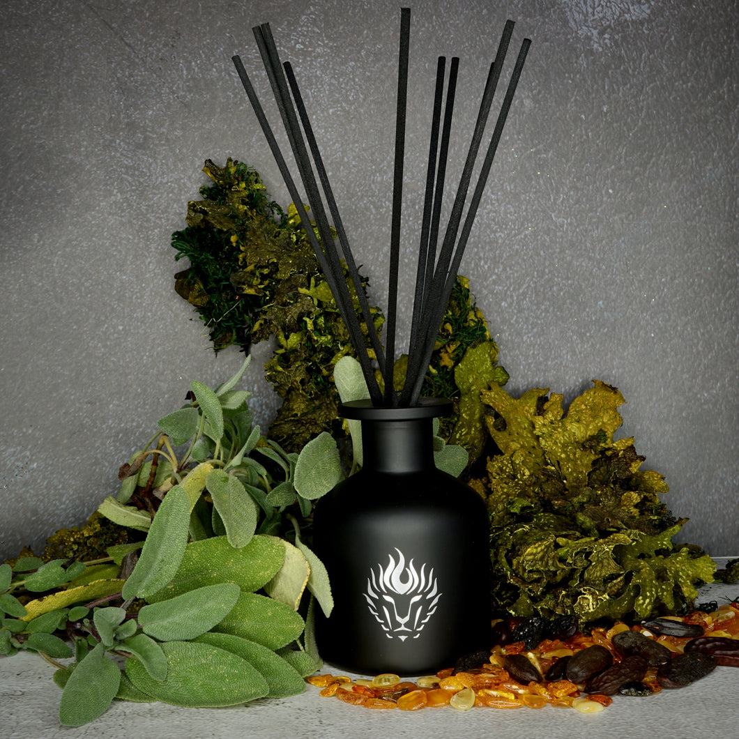 The Lion's Den Candle Company Allure Sage Oakmoss Amber 5 oz Reed Diffuser and Refills White and Gold Black and Silver