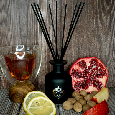 The Lion's Den Candle Company 5 oz Reed Diffuser and Refills White and Gold Black and Silver Pomegranate Cider