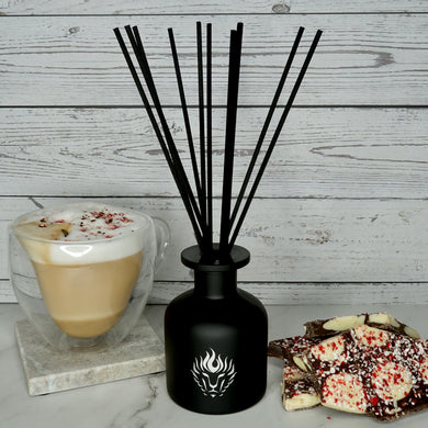 Peppermint Mocha 5 oz Reed Diffuser The Lion’s Den Candle CompanyThe Lion's Den Candle Company 5 oz Reed Diffuser and Refills White and Gold Black and Silver Peppermint Mocha